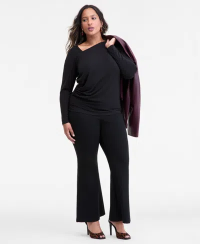 Inc International Concepts Plus Size Asymmetric-neck Long-sleeve Top, Macy's Exclusive In Black