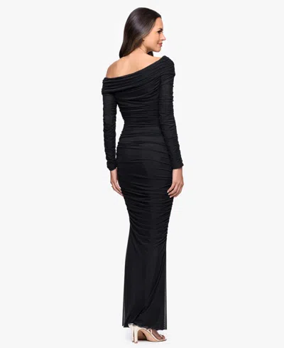Betsy & Adam Ruched One-shoulder Long Sleeve Mesh Gown In Black