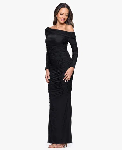Betsy & Adam Ruched One-shoulder Long Sleeve Mesh Gown In Black