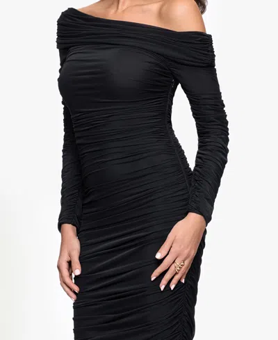 Betsy & Adam Ruched One-shoulder Long Sleeve Mesh Gown In Black