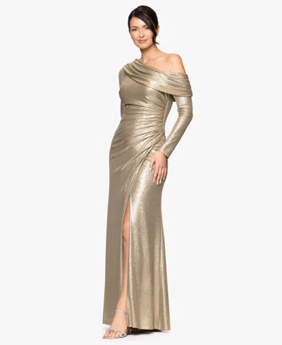 Betsy & Adam Women's Long Ruched Off-the-shoulder Gown In Gold