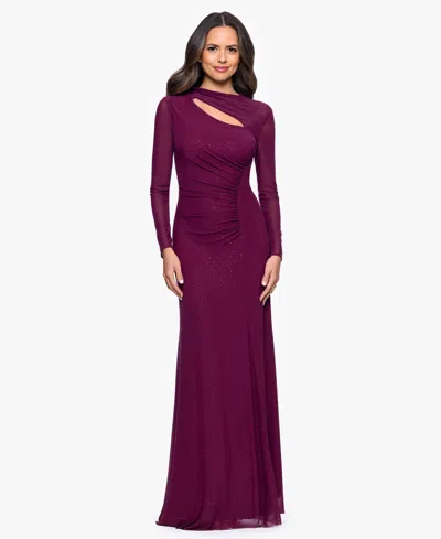 Betsy & Adam "callie" Mesh Cutout Embellished Long Sleeve Floor Length Dress In Purple