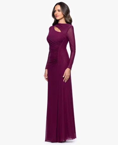 Betsy & Adam "callie" Mesh Cutout Embellished Long Sleeve Floor Length Dress In Purple