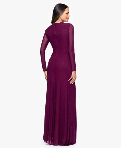 Betsy & Adam "callie" Mesh Cutout Embellished Long Sleeve Floor Length Dress In Purple