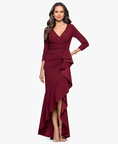 Betsy & Adam Ruffle Scuba Crepe Faux Wrap High-low Mermaid Gown In Burgundy