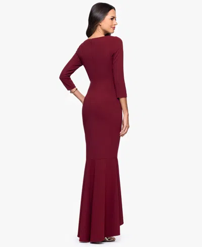 Betsy & Adam Ruffle Scuba Crepe Faux Wrap High-low Mermaid Gown In Burgundy