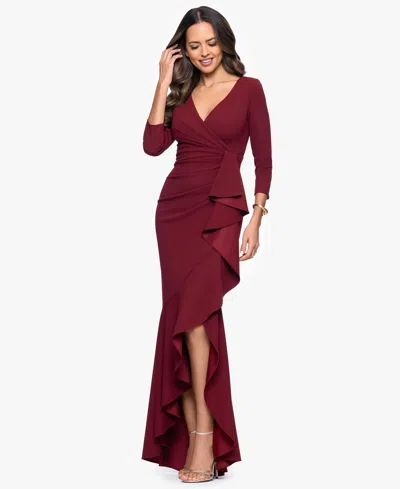 Betsy & Adam Ruffle Scuba Crepe Faux Wrap High-low Mermaid Gown In Burgundy