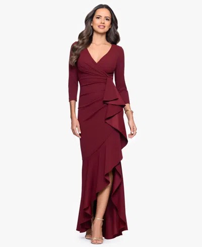Betsy & Adam Ruffle Scuba Crepe Faux Wrap High-low Mermaid Gown In Burgundy