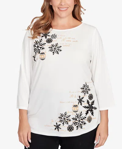 Ruby Rd. Plus Size Snowflake Script Knit Top In White
