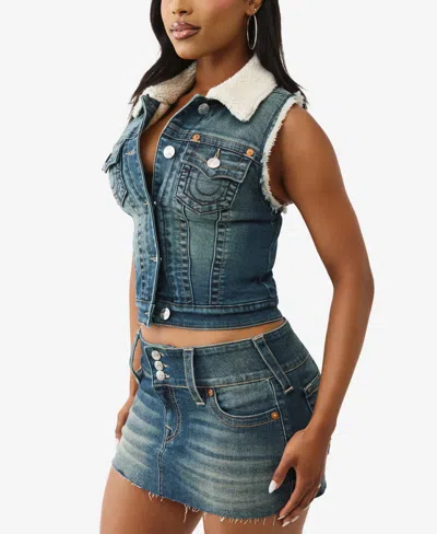True Religion Women's Shrunken Sherpa Denim Vest In Blue
