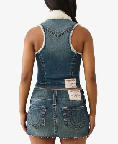 True Religion Women's Shrunken Sherpa Denim Vest In Blue