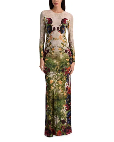 Alice And Olivia Delora Long Sleeve Crew Neck Maxi Dress Forbidden Forest In Multi