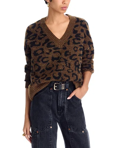 Aqua Leopard Print V Neck Sweater - Exclusive In Brown
