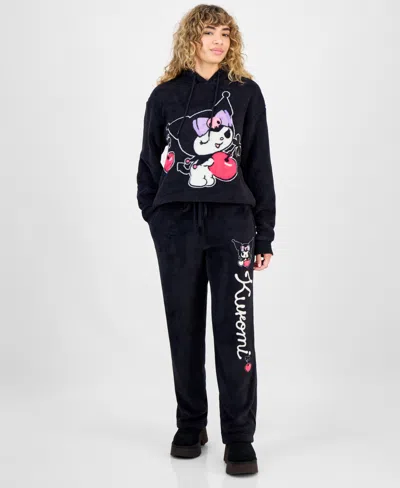 Hybrid Juniors' Kuromi Plush Fleece Graphic Hoodie In Black