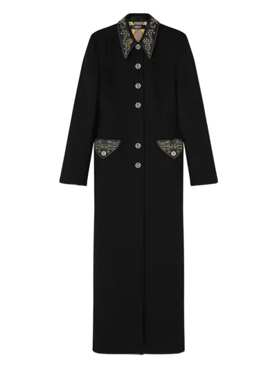 Versace Felted Studded Longline Coat In Black