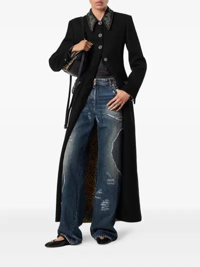 Versace Felted Studded Longline Coat In Black