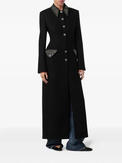 Versace Felted Studded Longline Coat In Black
