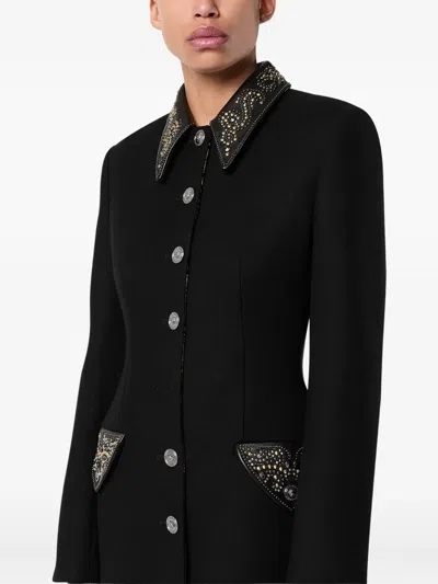 Versace Felted Studded Longline Coat In Black