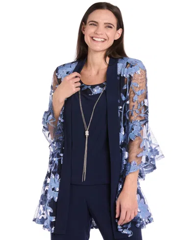 R & M Richards Petite Jacket, Top And Pants 3-piece Set In Blue
