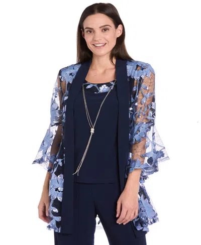 R & M Richards Petite Jacket, Top And Pants 3-piece Set In Blue