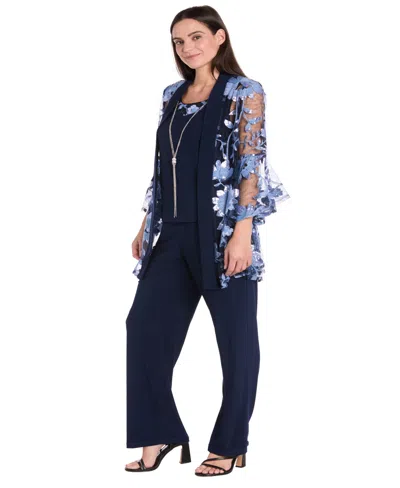 R & M Richards Petite Jacket, Top And Pants 3-piece Set In Blue