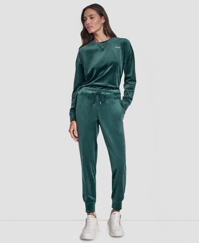 Dkny Women's Platinum Velour Rhinestone Logo Slim Fit Joggers In Green