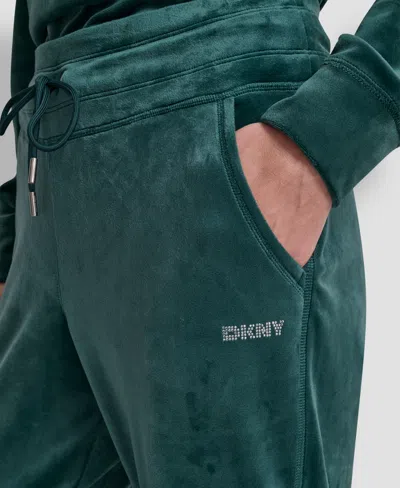 Dkny Women's Platinum Velour Rhinestone Logo Slim Fit Joggers In Green