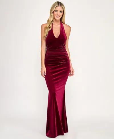 Seni & Cade Juniors' Velvet Plunge Halter Neck Long Dress In Burgundy