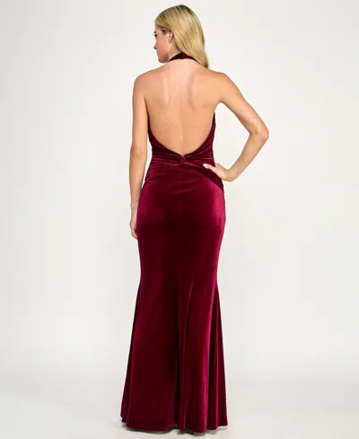 Seni & Cade Juniors' Velvet Plunge Halter Neck Long Dress In Burgundy