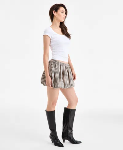 Bar Iii Women's Windowpane Plaid Bubble Mini Skirt, Macy's Exclusive In Brown