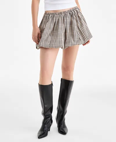 Bar Iii Women's Windowpane Plaid Bubble Mini Skirt, Macy's Exclusive In Brown