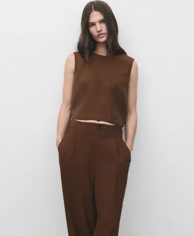 Mango Pleated Wide Leg Pull-on Pants In Brown