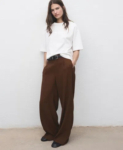 Mango Pleated Wide Leg Pull-on Pants In Brown