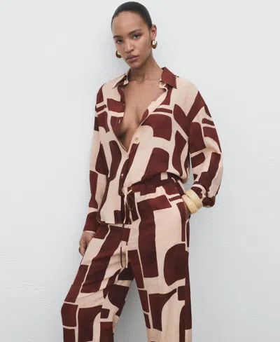 Mango Geometric Print Shirt Ecru In Brown