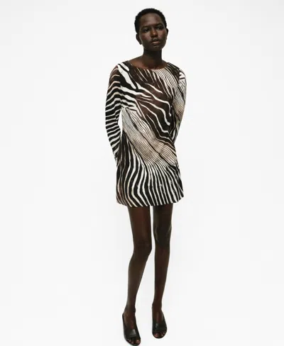 Mango Zebra Print Long Sleeve Dress In Black