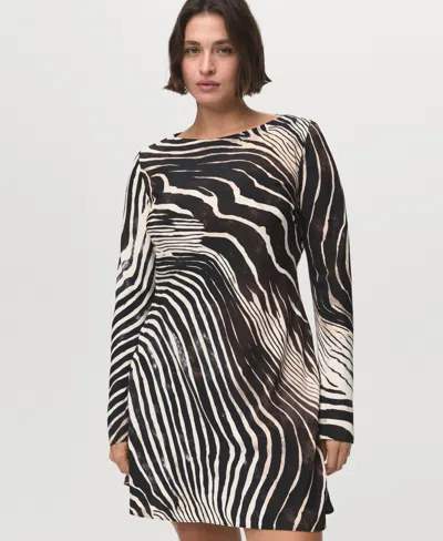 Mango Zebra Print Long Sleeve Dress In Black
