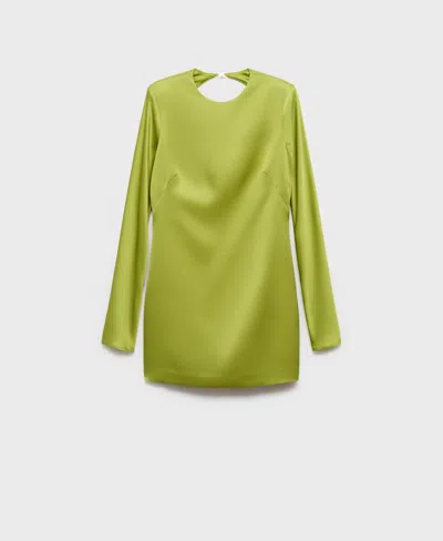 Mango Satin Open Back Long Sleeve Mini Dress In Green
