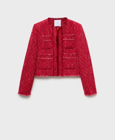 Mango Tweed Jacket With Frayed Ends Red In Multi