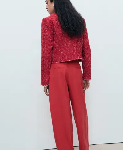 Mango Tweed Jacket With Frayed Ends Red In Multi