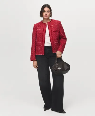 Mango Tweed Jacket With Frayed Ends Red In Multi