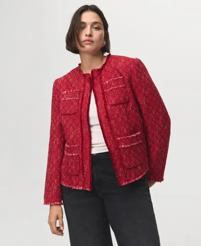 Mango Tweed Jacket With Frayed Ends Red In Multi