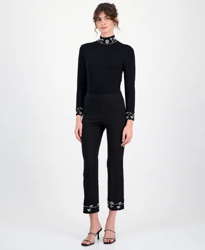 Anne Klein Womens Embellished Mock Neck Sweater Embellished Pull On Kick Flare Pants In Black