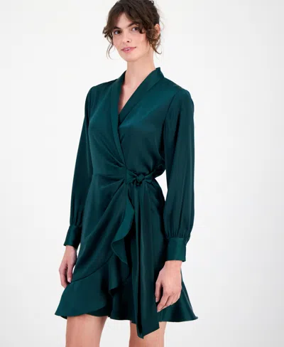 Anne Klein Women's Satin Ruffle-hem Wrap Dress In Green