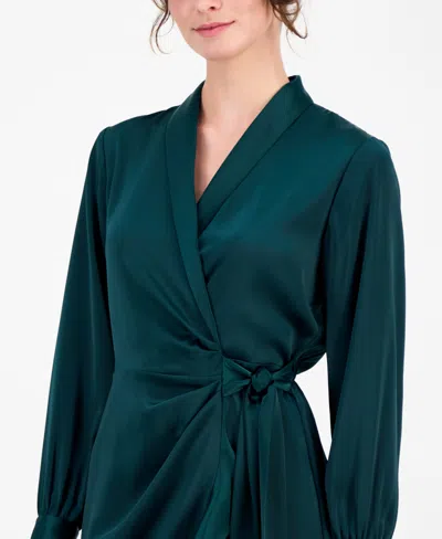 Anne Klein Women's Satin Ruffle-hem Wrap Dress In Green