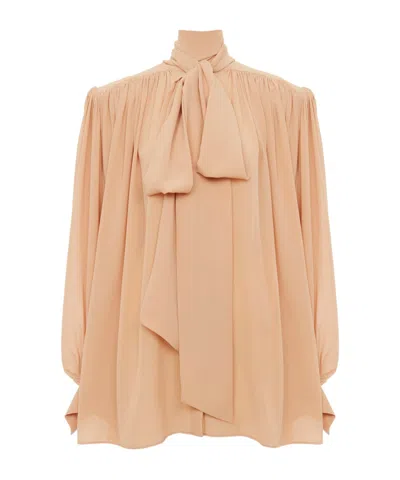 Chloé Oversized Gathered Lavallière Blouse In Crêpe De Chine Brown Size 10 100% Silk, Pinctada Maxima, Far In Brown