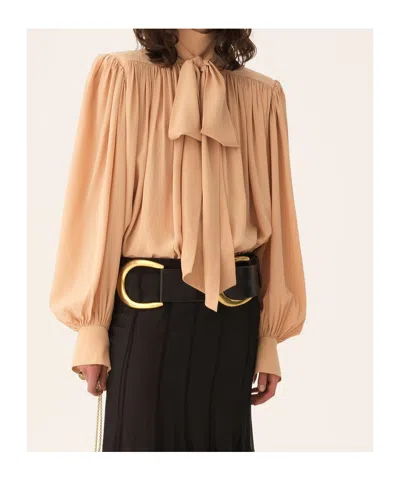 Chloé Oversized Gathered Lavallière Blouse In Crêpe De Chine Brown Size 10 100% Silk, Pinctada Maxima, Far In Brown