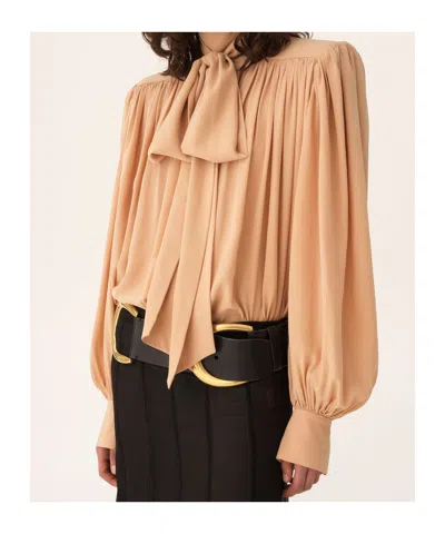 Chloé Oversized Gathered Lavallière Blouse In Crêpe De Chine Brown Size 10 100% Silk, Pinctada Maxima, Far In Brown