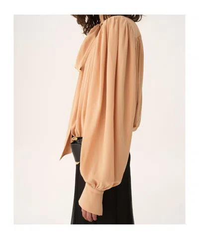 Chloé Oversized Gathered Lavallière Blouse In Crêpe De Chine Brown Size 10 100% Silk, Pinctada Maxima, Far In Brown