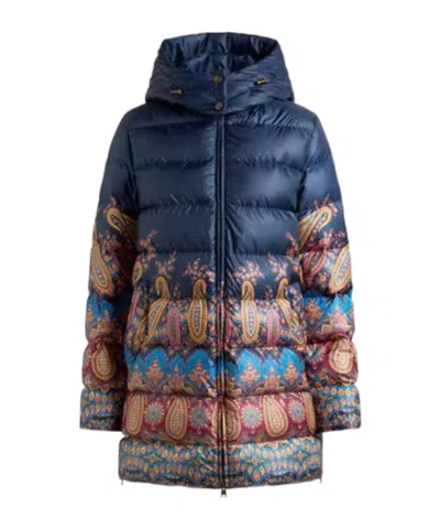 Etro Long Hooded Quilted Jacket With Paisley Pattern In Blue