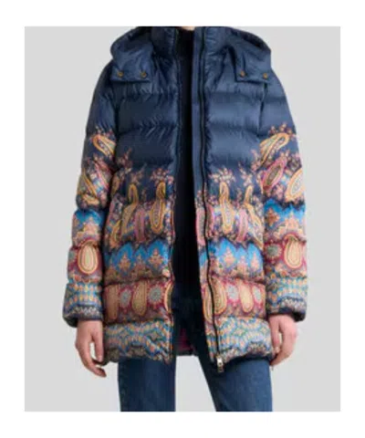 Etro Long Hooded Quilted Jacket With Paisley Pattern In Blue